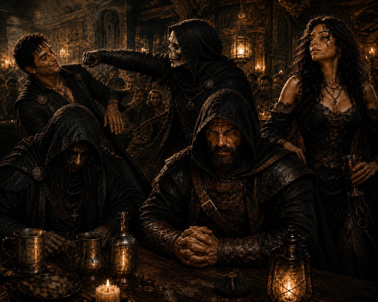 The T. Brook Marauders gathered at a candlelit tavern table