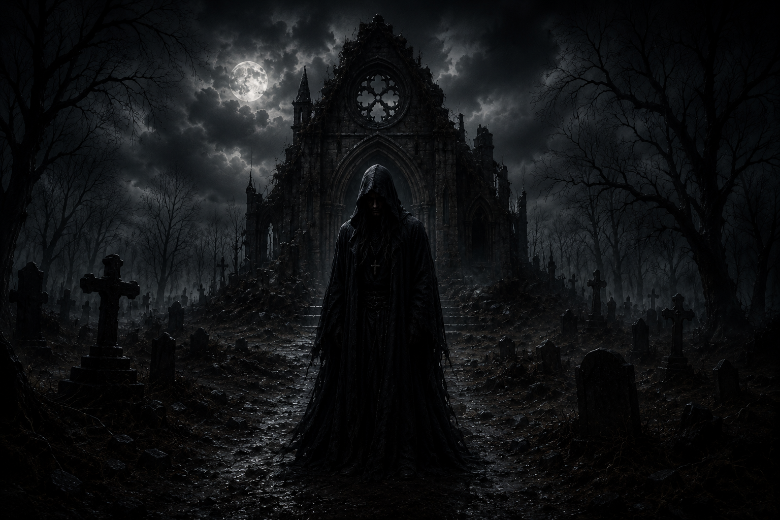 Bleak One, a hooded figure standing before a ruined gothic chapel under a stormy sky
