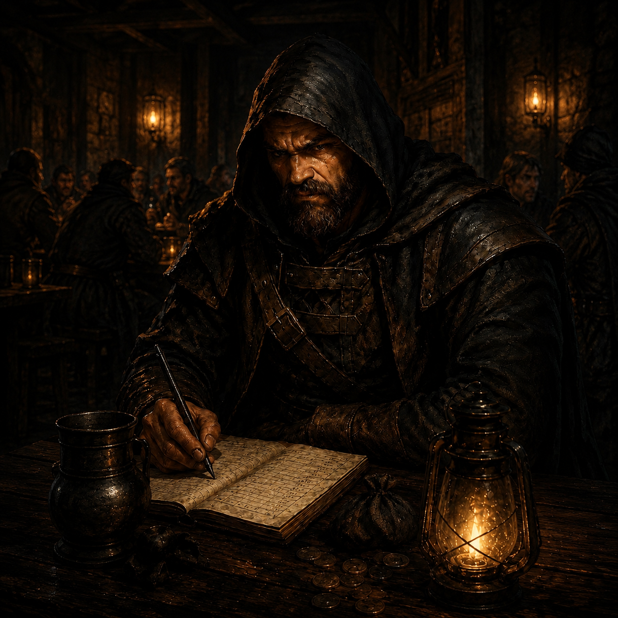 Big Boots, a hooded figure writing in a ledger by lantern light