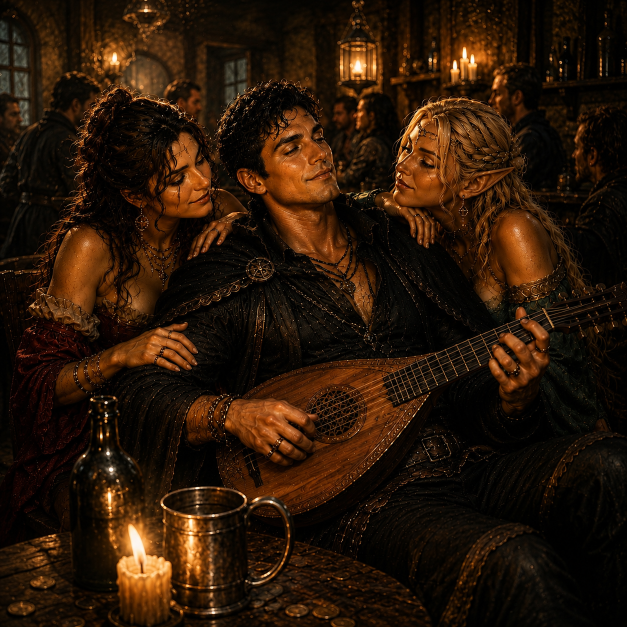 Young Hexxie playing a lute in a candlelit tavern