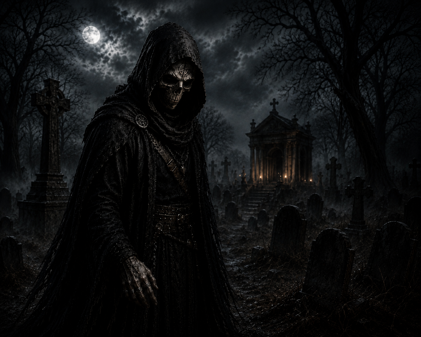 Lil Lich, a hooded skull-masked figure standing in a moonlit graveyard