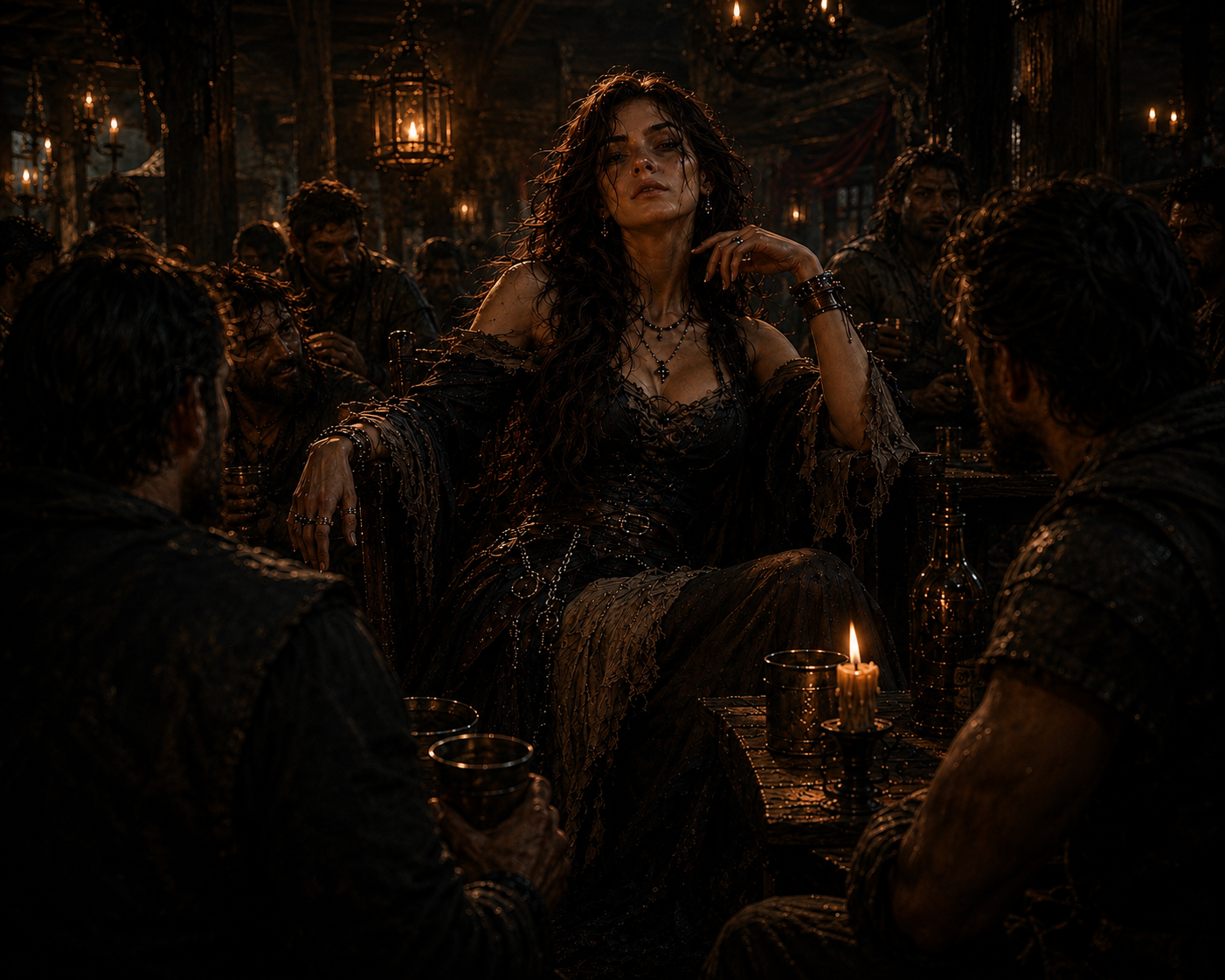 Spooks, a woman with long dark hair seated calmly among a crowd of grim men in a candlelit tavern